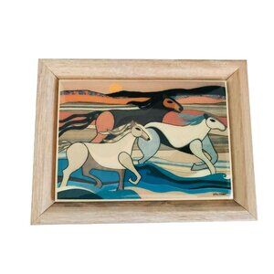 Vintage Helen Webber Wild Horses Framed Tile Ceramic Artwork Original Tag